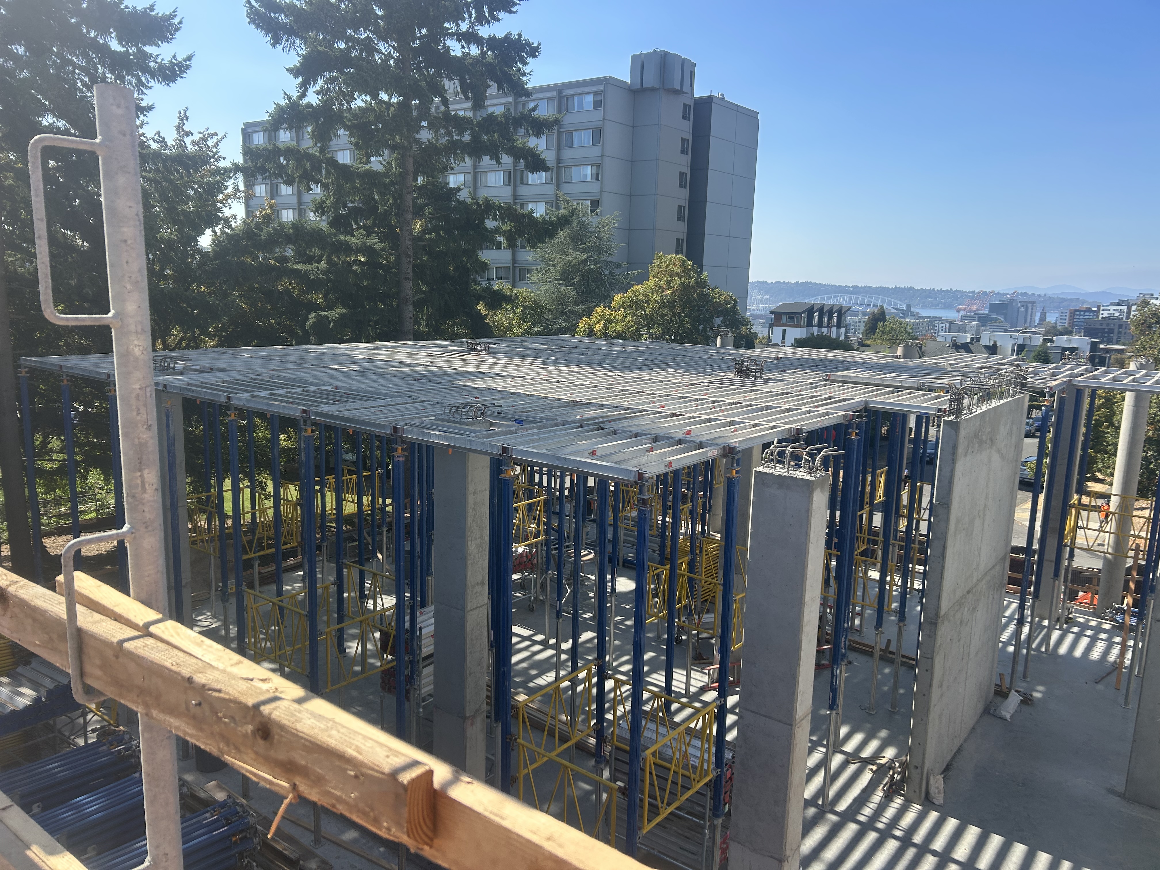 Post-tensioned deck gang forms bracing detail